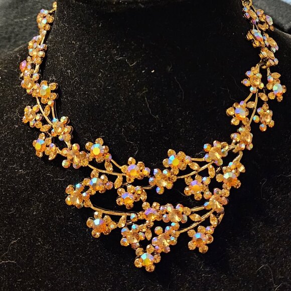True Vintage Jewelry - Vintage MCM Golden AB Rhinestone Flower Necklace Heavy Gold Plate Rivoli Stones